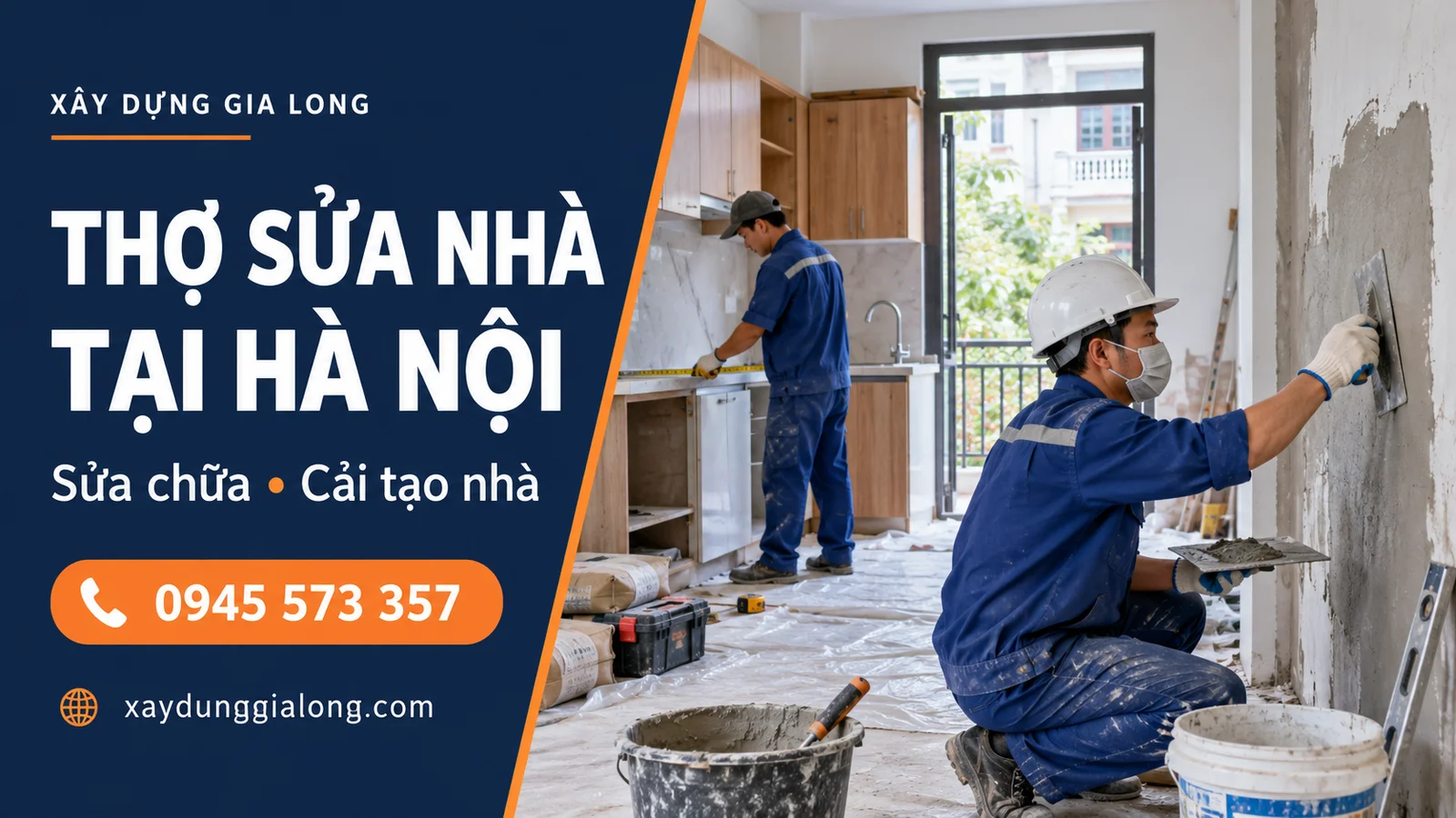 Minh họa thợ sửa nhà tại Hà Nội đang trát tường và đo đạc khu vực bếp.