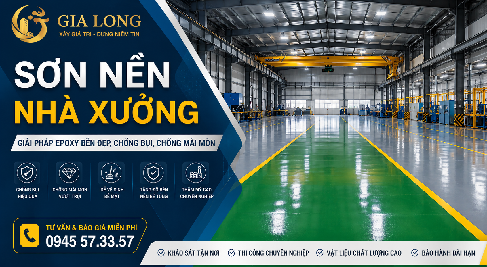 Thi công sơn epoxy nền nhà xưởng giúp chống bụi, chống mài mòn và dễ vệ sinh.