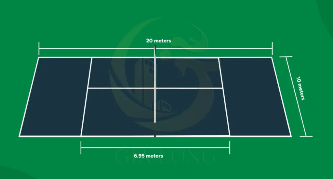 Bản vẽ kích thước sân Padel tiêu chuẩn 10x20m với đầy đủ vạch kẻ và khu vực giao bóng