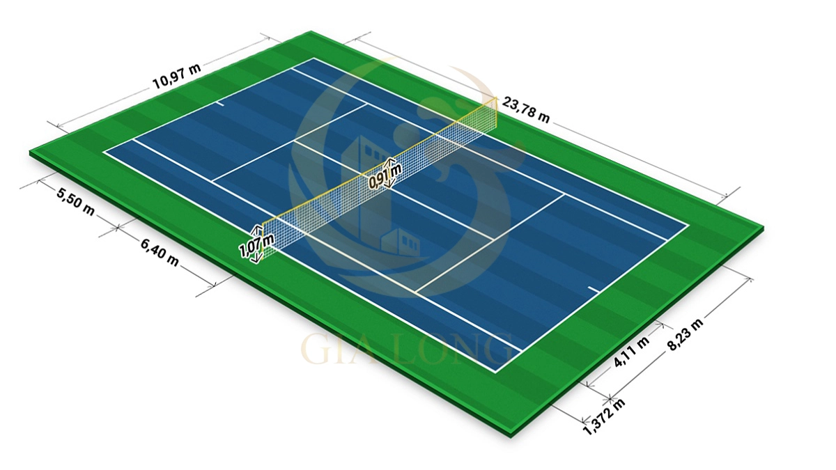 Sơ đồ kích thước sân tennis tiêu chuẩn ITF cho sân đơn và sân đôi