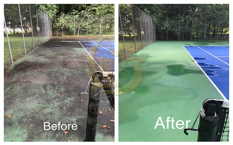 Vệ sinh bề mặt sân tennis, loại bỏ bụi bẩn và rêu mốc trước khi sơn