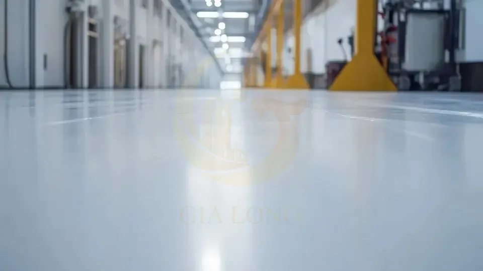Sơn epoxy hệ lăn 0.6 mm – kinh tế, tiến độ nhanh Toàn cảnh sàn sơn epoxy hệ lăn 0.6 mm tại kho xưởng, đồng màu và sạch bụi